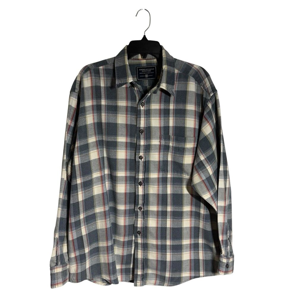 American Eagle Gray Plaid Flannel Button Down Shirt L Casual Outdoor Cabincore